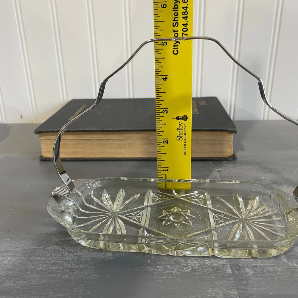 Vtg 3pc Crystal Butter Dish Server‎ Spreader England Bright Chrome Stainless MCM